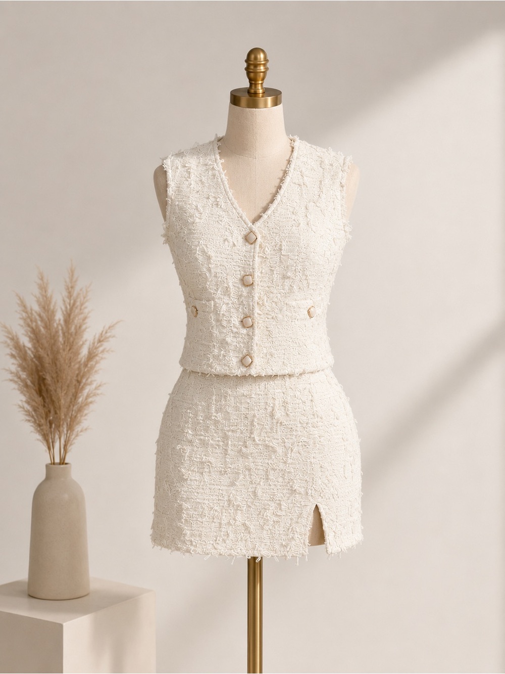 Cream Tweed Vest & Mini Skirt Set